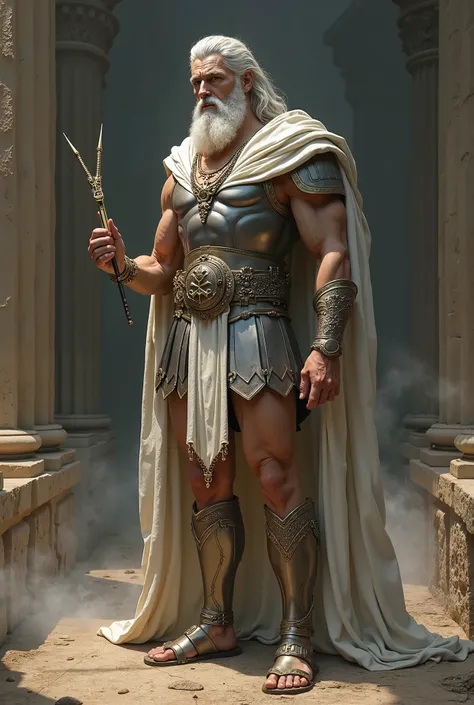 Zeus holds a zipper , skinny,  silver armor , sandal , mythology,  thinning hairline