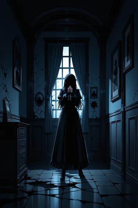 (horror), (ghosts), cinematic, in dark haunted mansion, 19th century, old rococo style furniture, old shelf, (dark shot:1.2), cracked walls, broken windows, tattered curtains swaying, cobwebs in corners, ominous shadows moving in the distance, faint whispe...