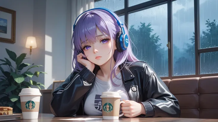 A beautiful purple-haired woman wearing headphones, sad face, looking out the window at the countryside on a heavy rainy night. This woman is wearing a black jacket and underneath is wearing a (blue) t-shirt that says: HIOS MUSIC, then her jacket is slight...