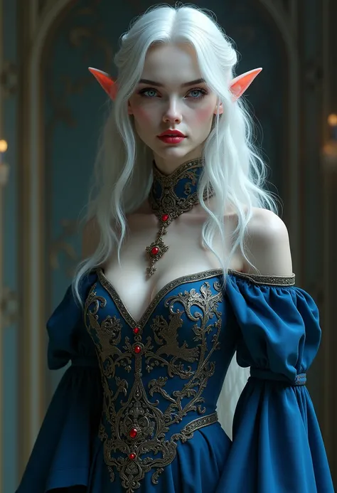 I am a female vampire elf. My skin is a pale, almost translucent white. My hair is long, falling well past my shoulders in soft silver waves. My face is heart-shaped, with sharp cheekbones and a small chin. My lips are full and red, while my eyes are a pie...