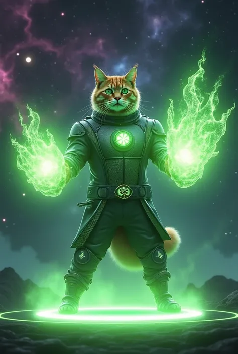 "A heroic cat controlling cosmic energy powers in a futuristic setting. The cat is standing on a glowing green energy platform, wearing a stylish suit with a cosmic emblem on the chest. Its paws are extended forward, projecting constructs of light radiant ...