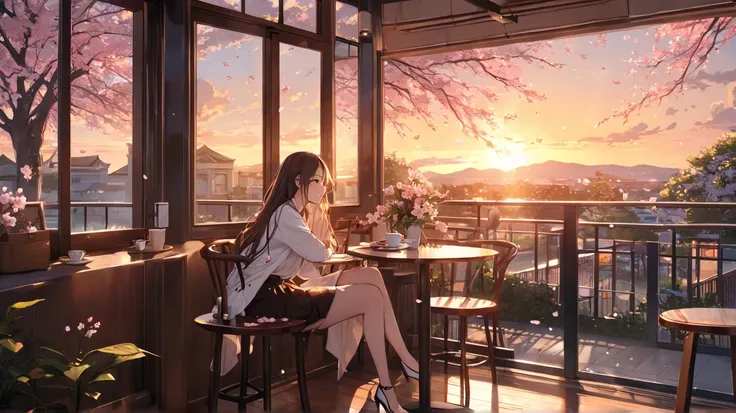 coffee, Sunset, tree, Cherry blossoms , cloud,  woman, window, masterpiece, High definition, long hair,  cafe, book,  terrace, I only blink, cloud이 움직인다,  these days,  petals are scattered 