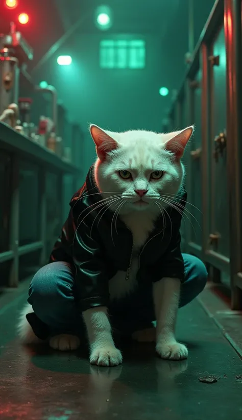 A white muscular bodybuilder cat with a fierce yet defeated expression, wearing a black leather jacket and denim pants, kneels inside a dimly lit, eerie laboratory. The laboratory is filled with unsettling equipment, flickering green and red lights, and me...