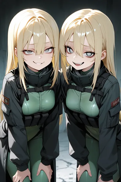 2girls, twins, thick thight, mesugaki, smug, blonde, grey eyes, hair between eyes, long straight hair, small pupils, green bodysuit, tactical cloth, black coat, looking at viewer, crazy eyes, leaning forward