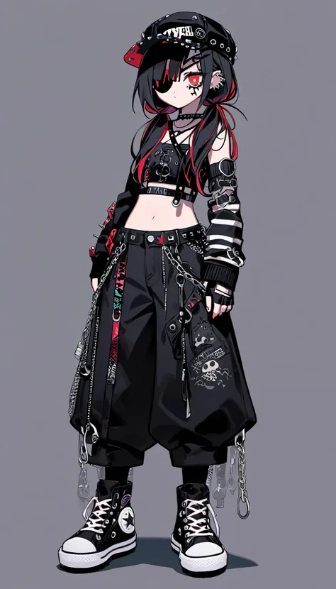 (((Highest Quality))), (Simple background), 1girl, fullbody, standing, long hair, jellyfish hair, layered hair, black hair, low twintails, red eyes, eyepatch on left eye, crop top, arm warmers, fingerless gloves, punk, safety pins, chains, button pins, emo...