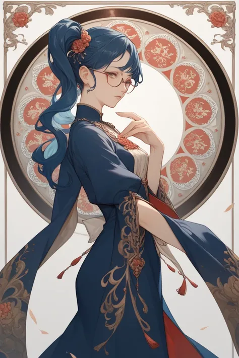 The image features a stylized graphic full body of a woman. The anime art style, characterized by exaggerated facial features and a cartoon-like depiction. The woman has dark blue hair styled into a side ponytail. She wears glasses, which are a common acce...