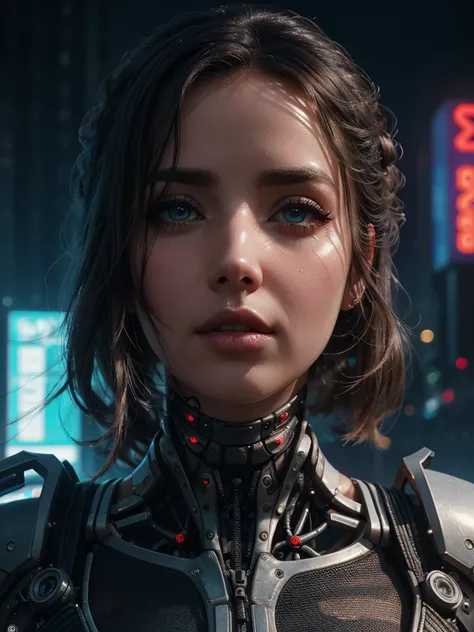 a beautiful busty woman, Ana de Armas, cyberpunk style, extremely detailed eyes and face, long eyelashes, beautiful detailed lips, perfect skin, intricate futuristic mechanical cybernetic enhancements, intricate neon cyberpunk cityscape background, dramati...