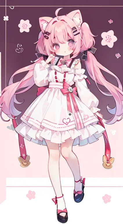 Twirl and fluffy twin tails　Droopy ears犬耳　 standing picture、Symmetrical　Droopy ears犬耳　  Full Body Lesbian 、​masterpiece、 top quality、length、 best image quality、 cute little、 one girl、Pink Hair、 head ribbon、Ribbon clothing、frilld、Year、piece sign、 pink eye、T...