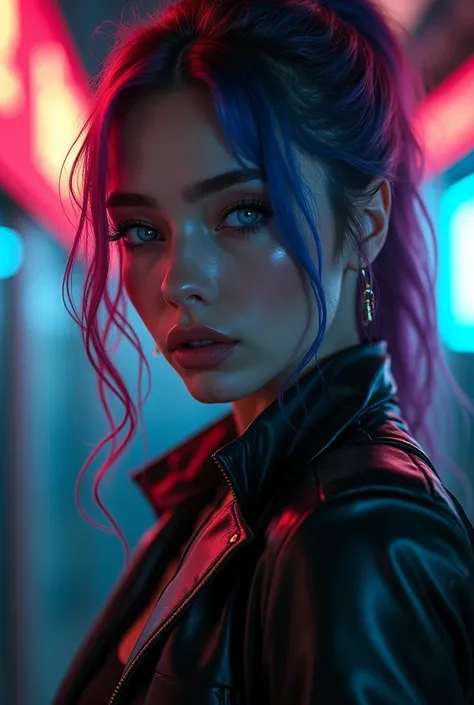  Cyberpunk-style cinematic view of a 28-year-old woman, multicolored hair,  blue eyes, looking at the viewer in a provocative way  