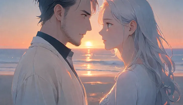 Man and woman staring at each other on the beach at dusk、Both have a calm expression