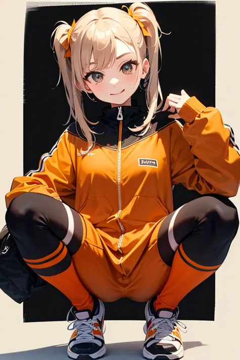 a short girl with beige hair tied into pigtails, prominent black eyes and a large closed mouth smile. her outfit is a orange jersey looking jacket over a white shirt, a pair of black sweatpants, and rubber shoes for footwear. she is incredibally cute and h...