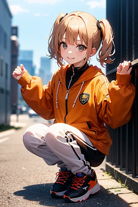 a short girl with beige hair tied into pigtails, prominent black eyes and a large closed mouth smile. her outfit is a orange jersey looking jacket over a white shirt, a pair of black sweatpants, and rubber shoes for footwear. she is incredibally cute and h...