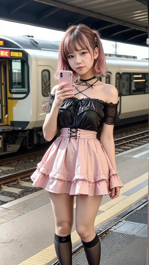 A Japanese girl in her teens wearing minefield fashion on the platform of a train station in Tokyo where many people come and go、Keep your long hair together with a hair clip、Wear a light pink lace layered ruffle bijou blouse with open shoulders and a blac...