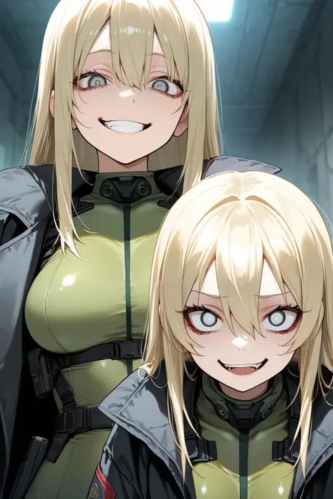 2girls, twins, thick thight, mesugaki, smug, blonde, grey eyes, hair between eyes, long straight hair, small pupils, green bodysuit, tactical cloth, black coat, looking at viewer, crazy eyes