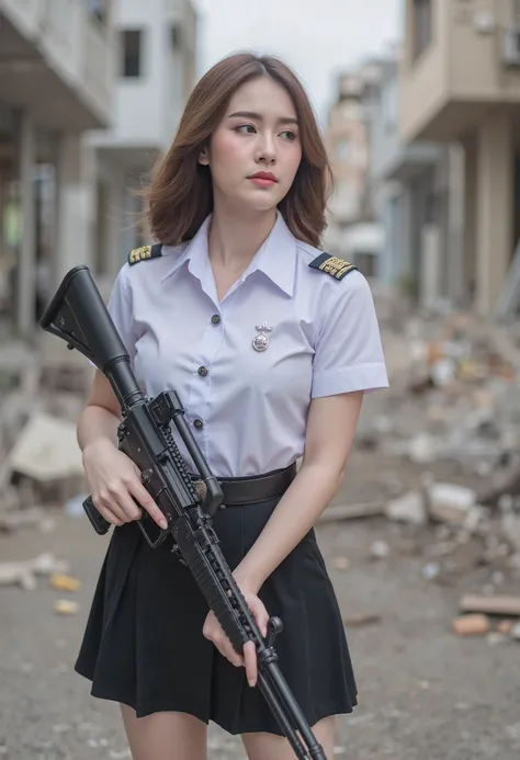 beautiful actress, wearing white shirt with mini black skirt a-shape in nisit uniform , holding riffle,walking in destroied city, full body portrait, movie footage style