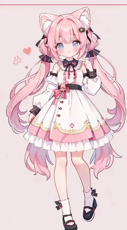 Twirl and fluffy vertical twin-tail　Droopy ears犬耳　 standing picture、Symmetrical　Droopy ears犬耳　  Full Body Lesbian 、​masterpiece、 top quality、length、 best image quality、 cute little、 one girl、Pink Hair、 head ribbon、Ribbon clothing、frilld、Year、piece sign、 pi...