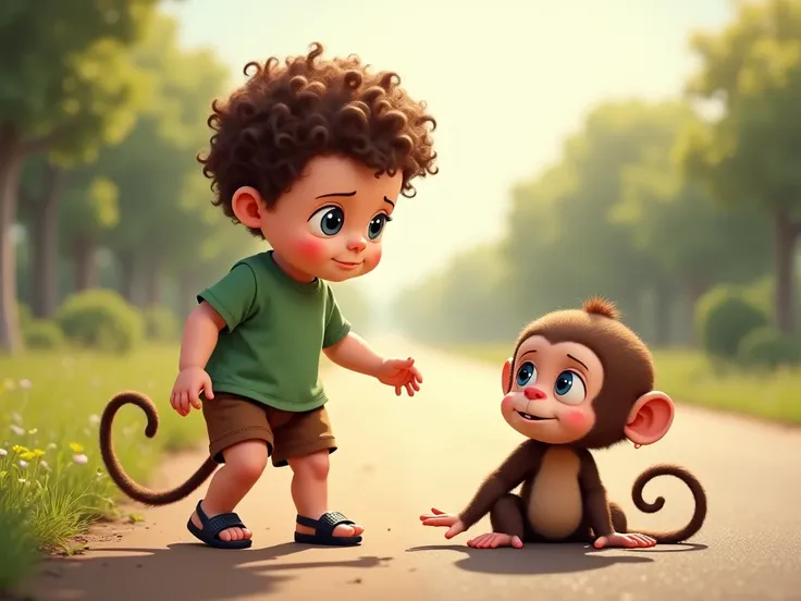 As the real  baby with curly brown hair, bright blue eyes, and fair skin, dressed in a green t-shirt, brown shorts, and tiny black sandals, reaches the roadside, the real baby sees the real monkey trembling on the ground, its small arm tucked close to its ...