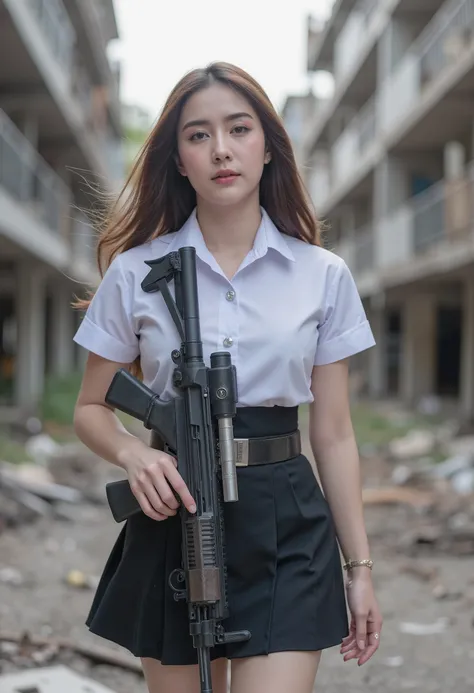 beautiful actress, 1girl, detailed face, detailed eyes, detailed lips, long eyelashes, wearing white shirt, mini black skirt a-shape, nisit uniform, holding riffle, walking in destroyed city, full body portrait, movie footage style, (best quality,4k,8k,hig...
