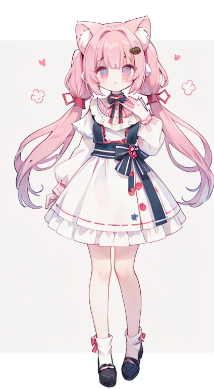 Vertical twin-tail hair　Droopy ears犬耳　 standing picture、Symmetrical　Droopy ears犬耳　  Full Body Lesbian 、​masterpiece、 top quality、length、 best image quality、 cute little、 one girl、Pink Hair、 head ribbon、Ribbon clothing、frilld、Year、piece sign、 pink eye、Twirl...