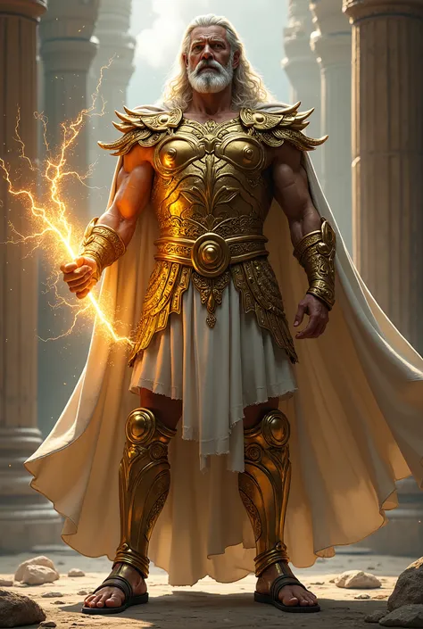 Zeus holds a lightning bolt, skinny, golden armor, sandal, mythology, receding hairlines