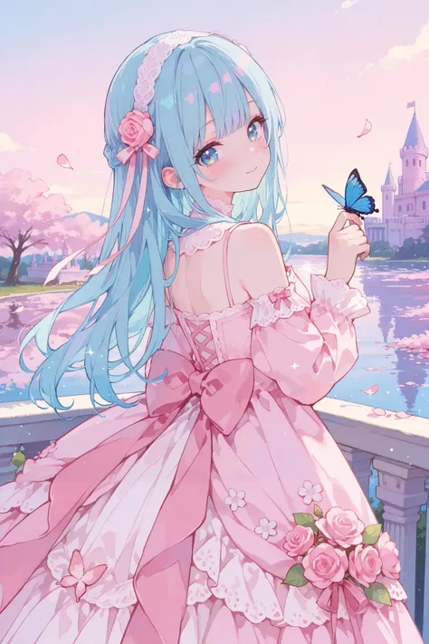 masterpiece, best quality, ultra-detailed, an anime-style scene featuring a young girl with long, flowing blue hair and big, sparkling blue eyes. She stands in front of a whimsical pink castle, her expression soft and curious as she looks back over her sho...