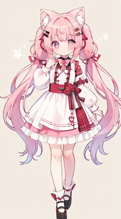 Twin-tail hair that curls vertically　Droopy ears犬耳　 standing picture、Symmetrical　Droopy ears犬耳　  Full Body Lesbian 、​masterpiece、 top quality、length、 best image quality、 cute little、 one girl、Pink Hair、 head ribbon、Ribbon clothing、frilld、Year、piece sign、 p...