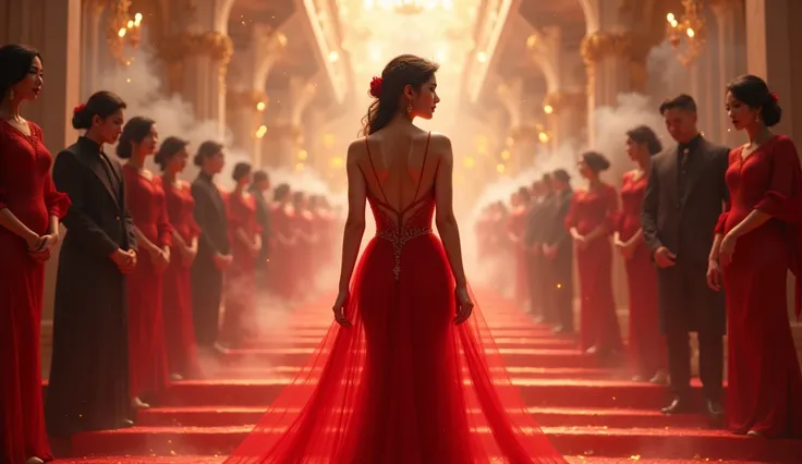 A gorgeous Vietnamese woman in a form-fitting red evening gown stands in the middle of a luxurious royal banquet in an ethereal dimension. Glittering lights twirl around her like distant stars. The noble guests surrounding her wear elegant vintage attire, ...