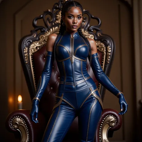 Tall Dark Skinned Woman, Long Black Braided Ponytail, Brown Eyes, Large Breasts, Long Legs, wide hips, Thick Thighs, Voluptuous Build, wearing a Blue armored Leather Dress with Silver accents, Blue Leather thigh high boots with Silver accents, Blue Leather...