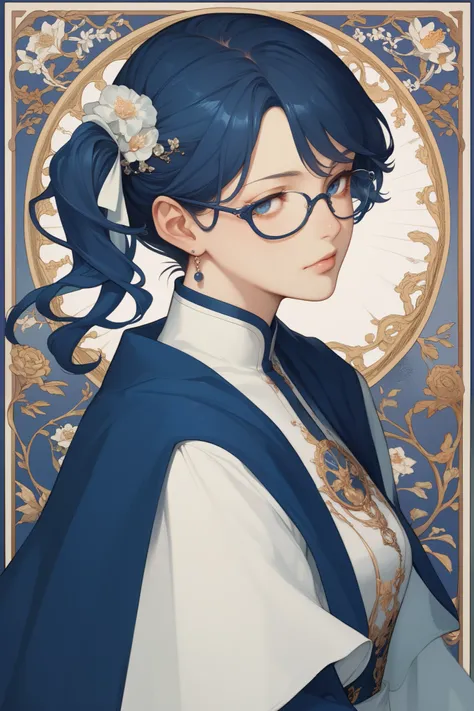 The image features a stylized graphic full body of a woman. The anime art style, characterized by exaggerated facial features and a cartoon-like depiction. The woman has dark blue hair styled into a side ponytail. She wears glasses, which are a common acce...