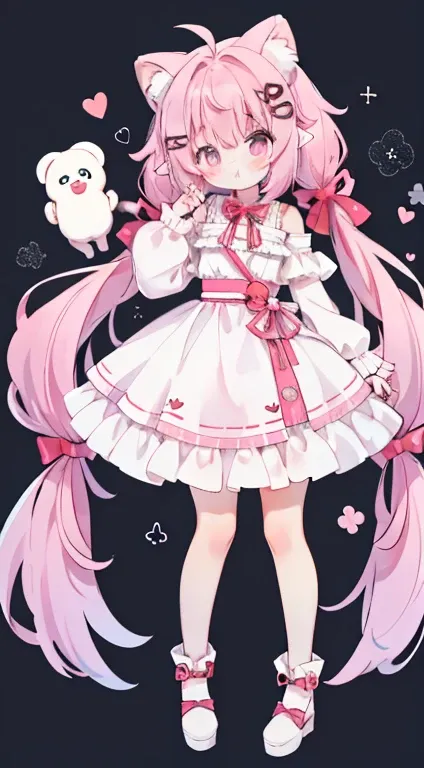 Twin-tail hair that curls vertically　droopy white ears dog ears 　 standing picture、Symmetrical　Droopy ears犬耳　  Full Body Lesbian 、​masterpiece、 top quality、length、 best image quality、 cute little、 one girl、Pink Hair、 head ribbon、Ribbon clothing、frilld、Year...