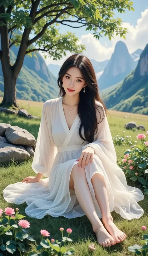 intense ink painting、 beautiful 1 woman、 perfect style with both legs、Long, flowing black hair、 pretty brown eyes、 pink lips、A gentle face、 look at me and smile、 earrings、 necklace、 flowing white long dress、Barefoot、beautiful mountain waves 、 Rock Field、bi...