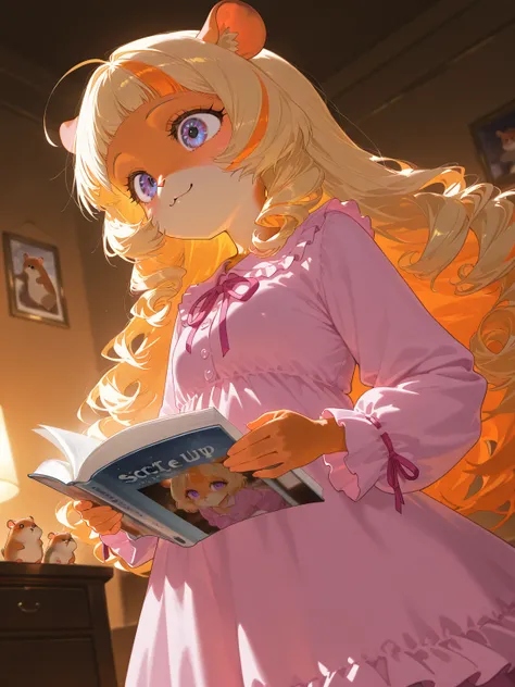 beautiful color, Multi-color,vivid color. (solo), 1girl\(furry, (hamster:1.3),very young, anthro, (animal:1.2),(reading old picture-book), (vacant) smile,cute dress pajamas\(pink,frilled, ribbon\),fine long hair\(curly, blonde, (orange highlight) bangs\),c...