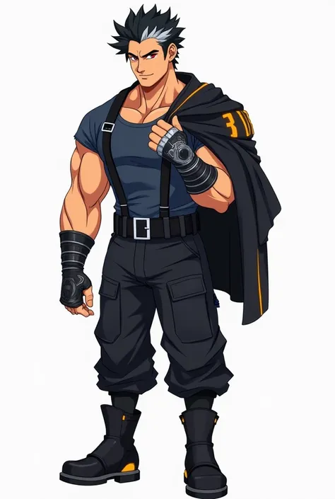 generates in a simple anime style a 28-year-old man, tanned, muscular and marked, tall, with short, black, curly hair with a shaved nape and a tuft of white hair. His eyes are a dull red, he has a very weak smile, he wears a dark blue t-shirt with black le...