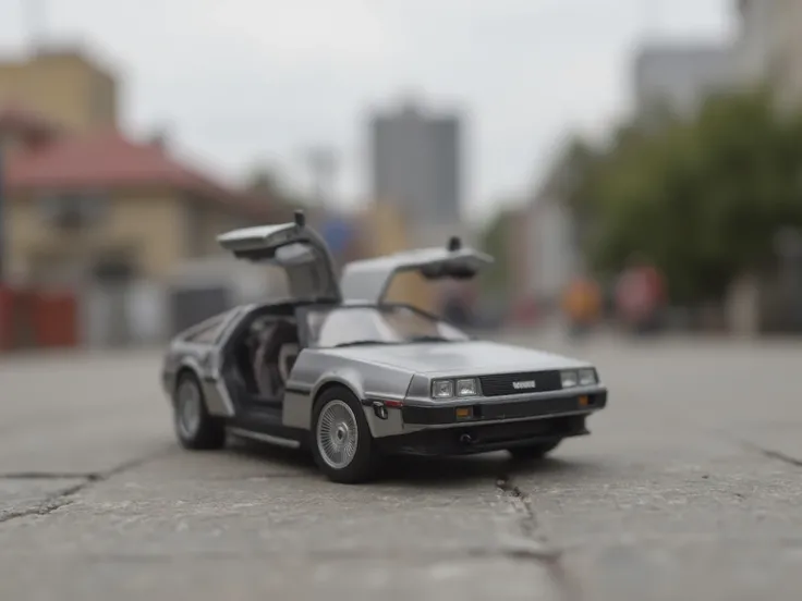 tilt shift photo of a delorean