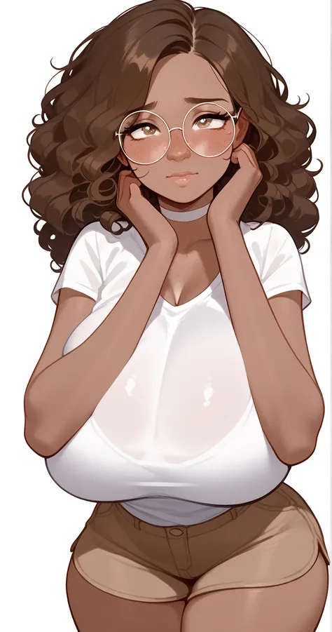 score_9,score_8_up,score_7_up,score_6_up,score_5_up,score_4_up,
1girl, pretty girl, brown curly hair, cute nose. shy, blushing, white choker, dark skin, round glasses, huge breasts, freckles, big hips, large thighs, brown shorts , white t shirt,
 