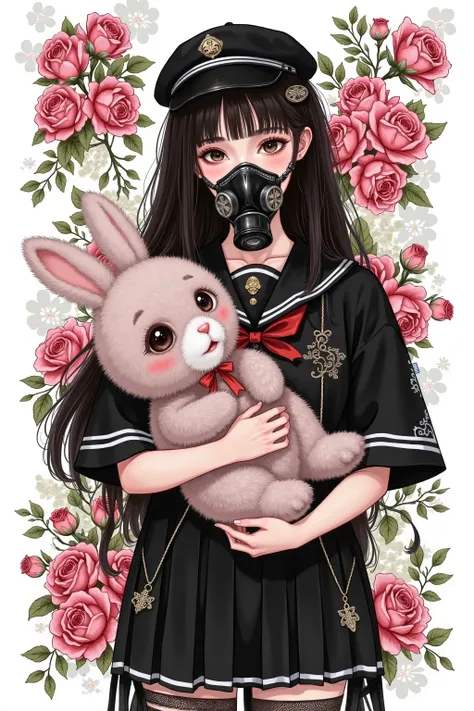 Beautiful and detailed eyes, highest image quality , top quality , Ultra HD,2.5D image , detailed facial, beautiful face ,( permanent,双手握着 Creepy 的毛绒兔子), full body photo,( traditional Japanese tattoo , traditional Japanese back tattoo ,) showing tattoo ,D...
