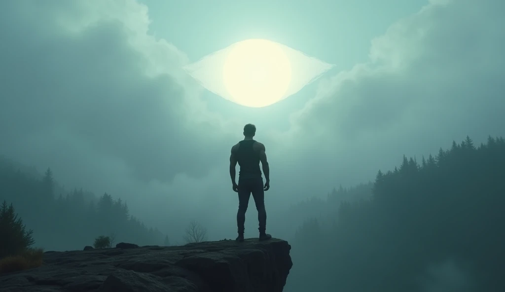 A lone traveler standing atop a cliff overlooking a vast, fog-covered forest. The traveler’s silhouette is muscular, and as they gaze into the distance, the sky parts, revealing a glowing third eye in the clouds, all shot in 8K ultra HD.