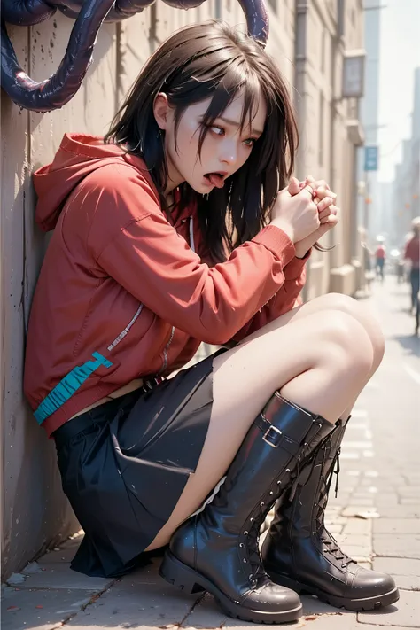  red hoodie　 black skirt　 Black Niso　dark-haired girl in black boots　 tentacles wrapped around her neck　The girl is suffering because she is holding her neck with both hands 