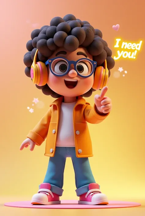 A dynamic 3D cartoon-style character with curly hair and vibrant clothing, wearing oversized headphones and stylish glasses. The character points directly at the camera with a confident and inviting expression, leaning slightly forward to create an exagger...