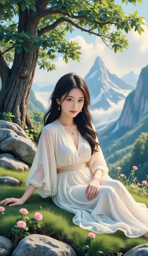 intense ink painting、 beautiful 1 woman、 perfect style with both legs、Long, flowing black hair、 pretty brown eyes、 pink lips、A gentle face、 look at me and smile、 earrings、 necklace、 flowing white long dress、Barefoot、beautiful mountain waves 、 Rock Field、bi...