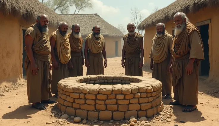 Create a hyper realistic image a village people standing near dry well and looking worry, ancient style 