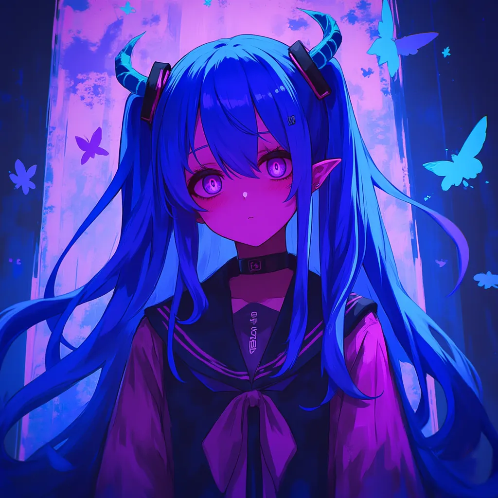 chica, color palette between blue and purple,  dos colitas,  long wavy hair,  pointy ears, Bust only