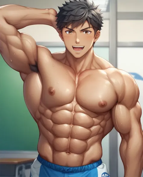  high image quality、 vibes、 anime image quality、 muscles、 bodybuilders、 macho、pectoralis major muscle 、big latissimus dorsi 、 big neck circumference 、big body 、 abs、 six pack、 handsome、 brown skin、 black hair、Short Hair、Topless、 posingパンツを着用、erection、 posi...