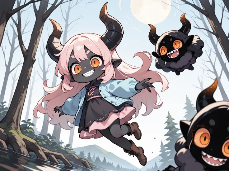 2girls:1.5, (masterpiece, best quality, amazing quality, very aesthetic, absurdres, newest, good anatomy), (1girl\Pink fluffy long hair, ram horns, thick eyebrows: 1.1, black dress, barefoot) BREAK (1girl\(devil, beautiful, evil, (pure black skin),sharp te...