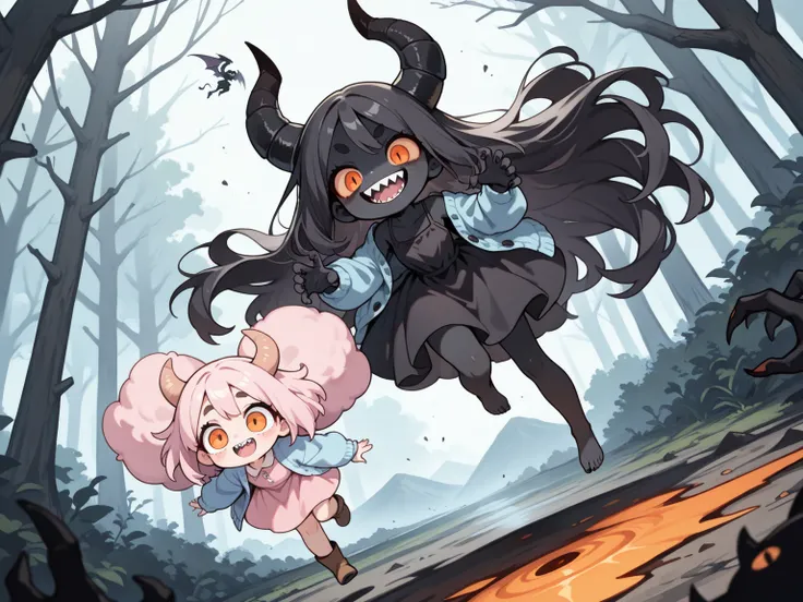 2girls:1.5, (masterpiece, best quality, amazing quality, very aesthetic, absurdres, newest, good anatomy), (1girl\Pink fluffy long hair, ram horns, thick eyebrows: 1.1, black dress, barefoot) BREAK (1girl\(devil, beautiful, evil, (pure black skin),sharp te...