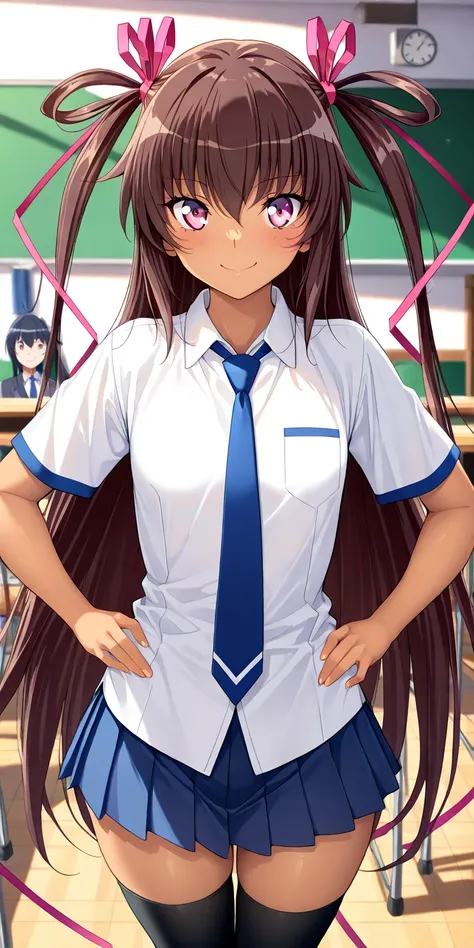  Mizuki Yukikaze,   Yukikaze Mizuki,   pink eye,    dark-skinned woman,   hour々、 very long hairs may be seen popping out of the bow one by one,   hair, two side    up the side  ,   hair bow,    pink ribbon ,  white shirt with collar, Short sleeve,  A Young...