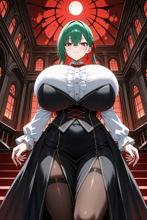 young woman ghost  in Haunted Mansion, full clothed, covered gigantic breasts, giga_busty