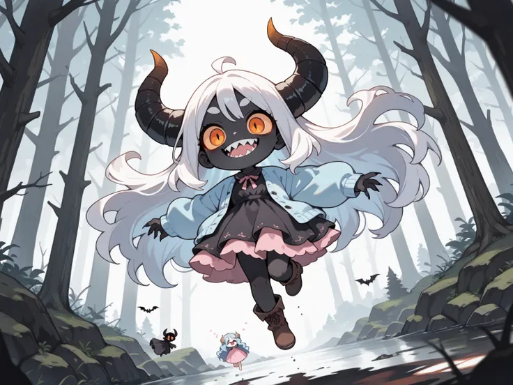 2girls:1.5, (masterpiece, best quality, amazing quality, very aesthetic, absurdres, newest, good anatomy), (1girl\Pink fluffy long hair, ram horns, thick eyebrows: 1.1, black dress, barefoot) BREAK (1girl\(devil, beautiful, evil, (pure black skin),sharp te...