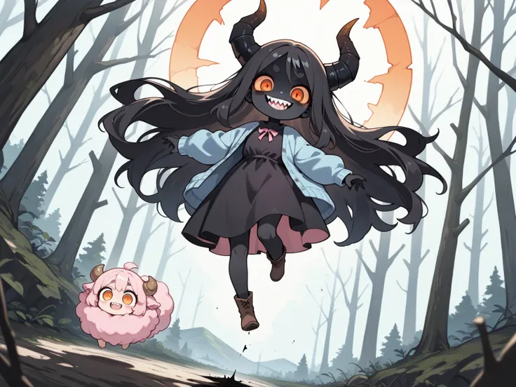 2girls:1.5, (masterpiece, best quality, amazing quality, very aesthetic, absurdres, newest, good anatomy), (1girl\Pink fluffy long hair, ram horns, thick eyebrows: 1.1, black dress, barefoot) BREAK (1girl\(devil, beautiful, evil, (pure black skin),sharp te...