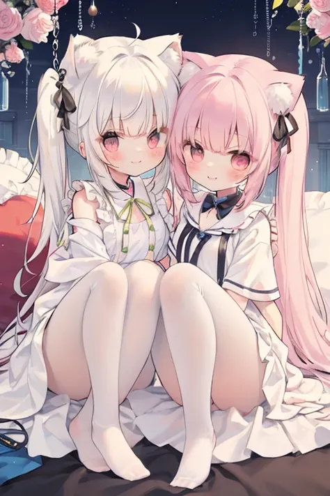 Twin-tail hair that curls vertically　droopy white ears dog ears 　 standing picture、Symmetrical　Droopy ears犬耳　  Full Body Lesbian 、​masterpiece、 top quality、length、 best image quality、 cute little、 one girl、Pink Hair、 head ribbon、Ribbon clothing、frilld、Year...